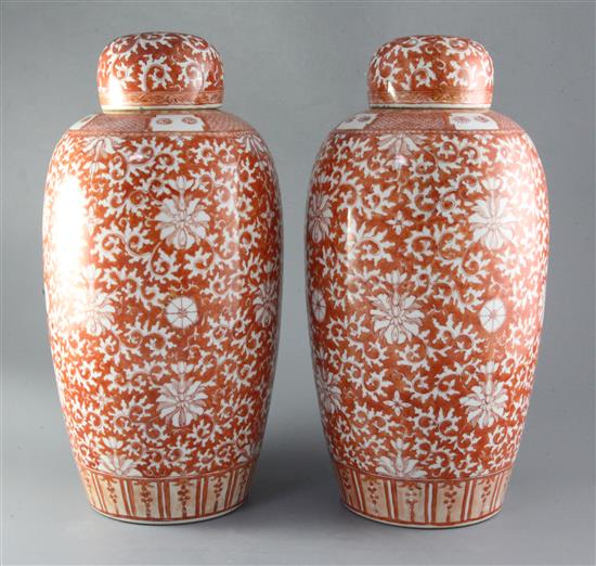 A pair of Chinese rouge-de-fer decorated ovoid vases, 19th century, height 38cm